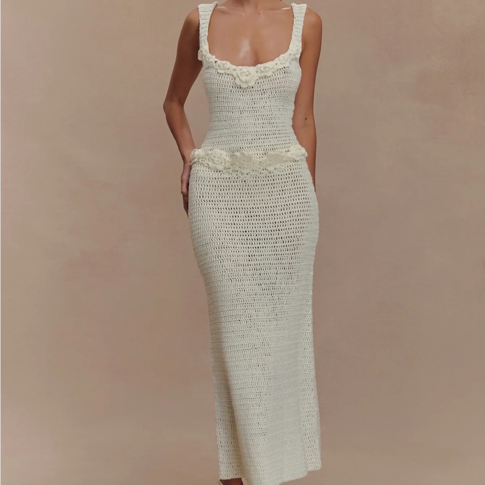 Meshki Teagan Floral Hand Crochet Midi Dress - Ivory